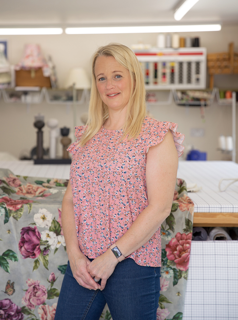 Claire in her Suffolk cushion workshop